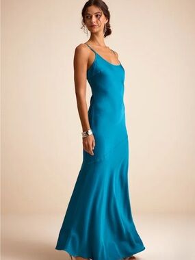 Lulu's Vibrant Teal Satin Slip Maxi Dress